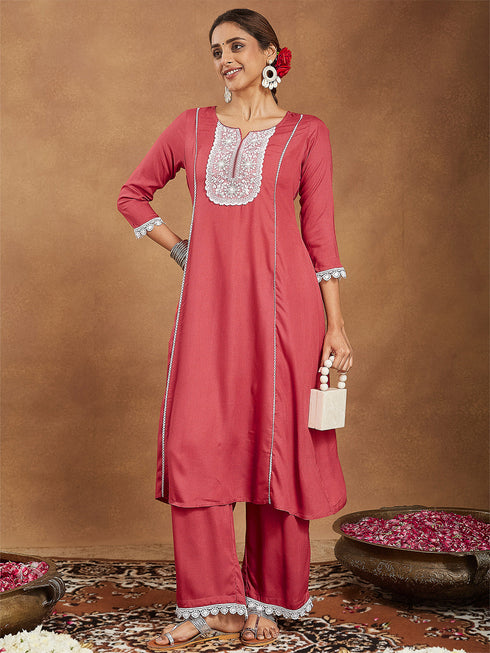 Janasya Women's Rust Rayon Yoke Embroidered A-line Kurta With Palazzo Set